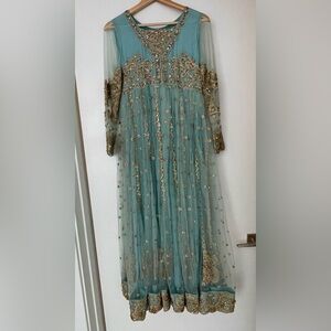 Pakistani Designer Embellished Blue and Gold Gown - Small/Medium